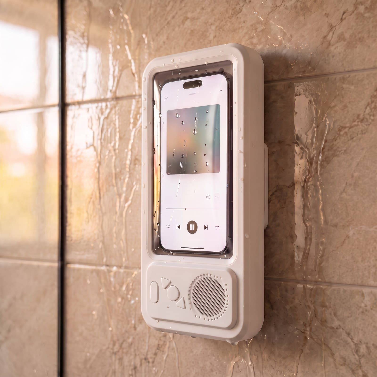 Splash Dock in White mounted on wet stone shower tile, water running down, still playing music
