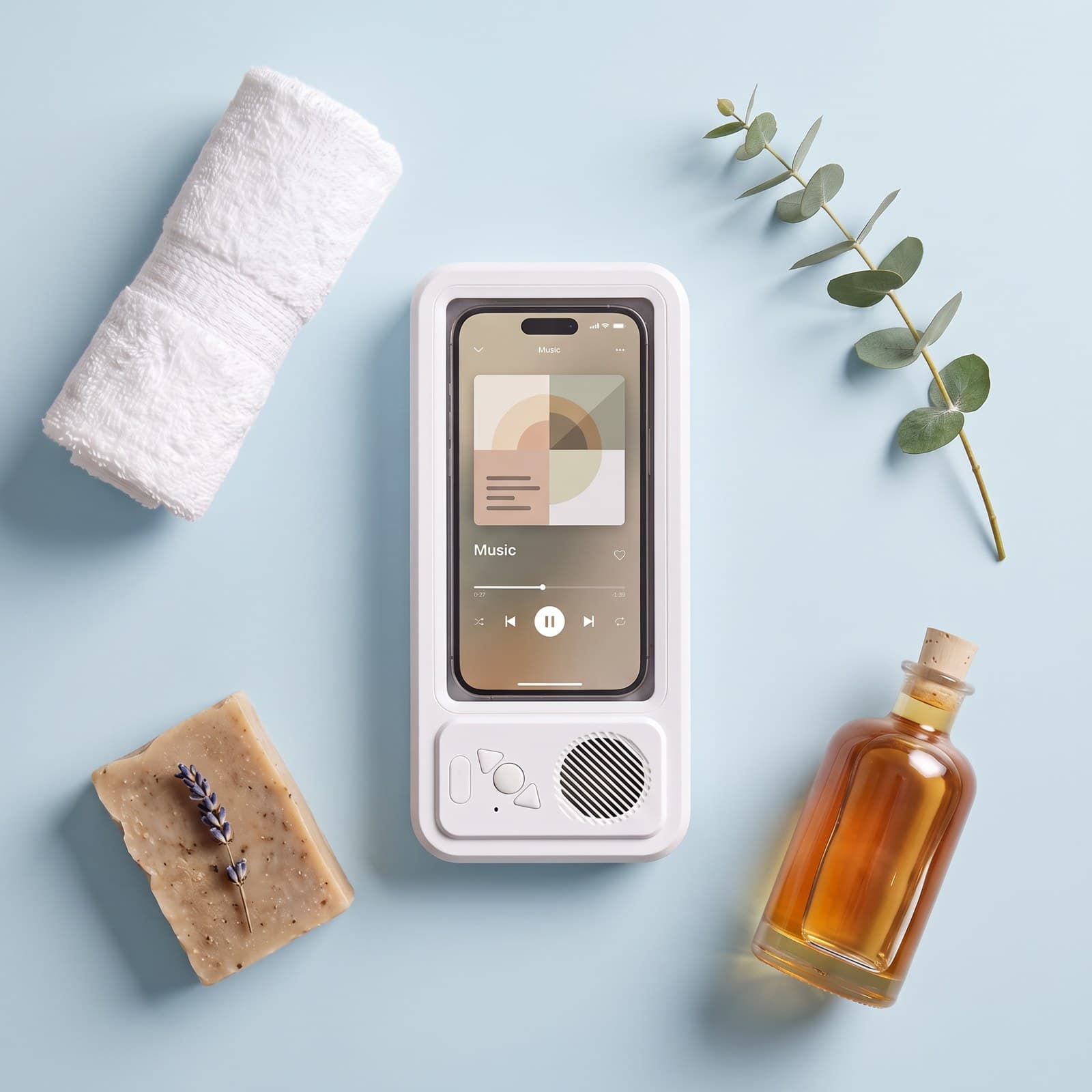 Splash Dock playing music, laid flat on a soft blue surface beside a towel, soap, eucalyptus and an oil bottle