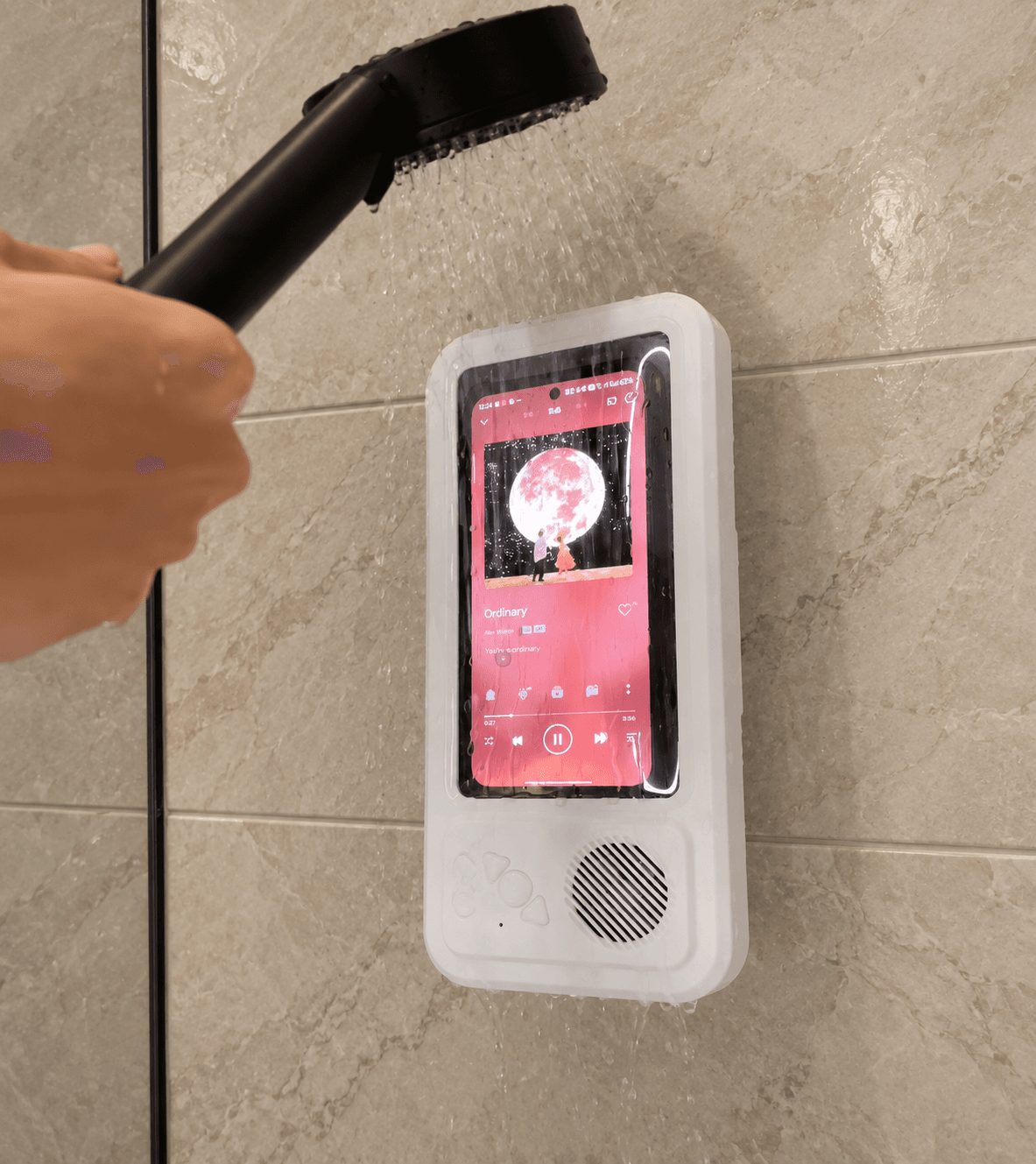 Splash Dock mounted beside a modern shower, playing video